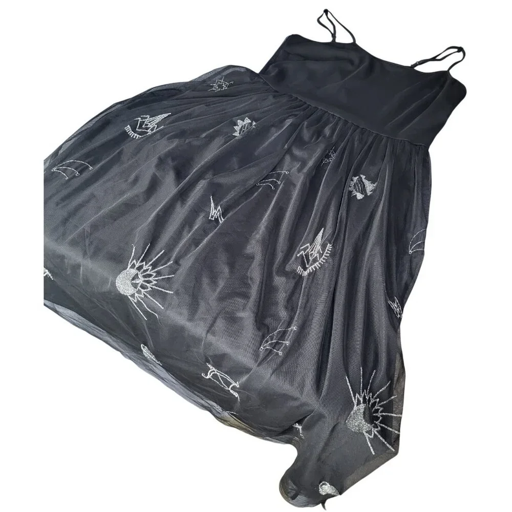 BONGO SZ LG Black Tulle Midi Dress Embroidered Whimsigoth Dark Grunge Emo y2k - Picture 1 of 10